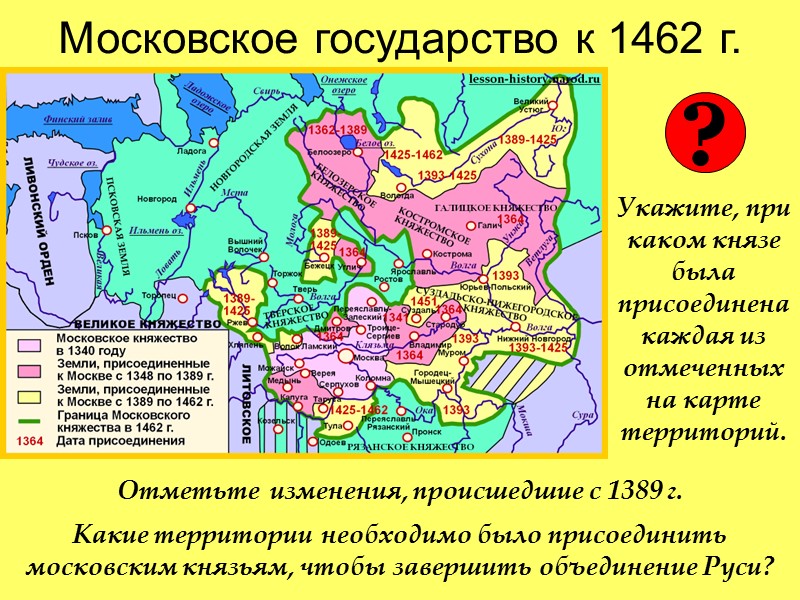 Московское государство к 1462 г. Укажите, при каком князе была присоединена каждая из отмеченных